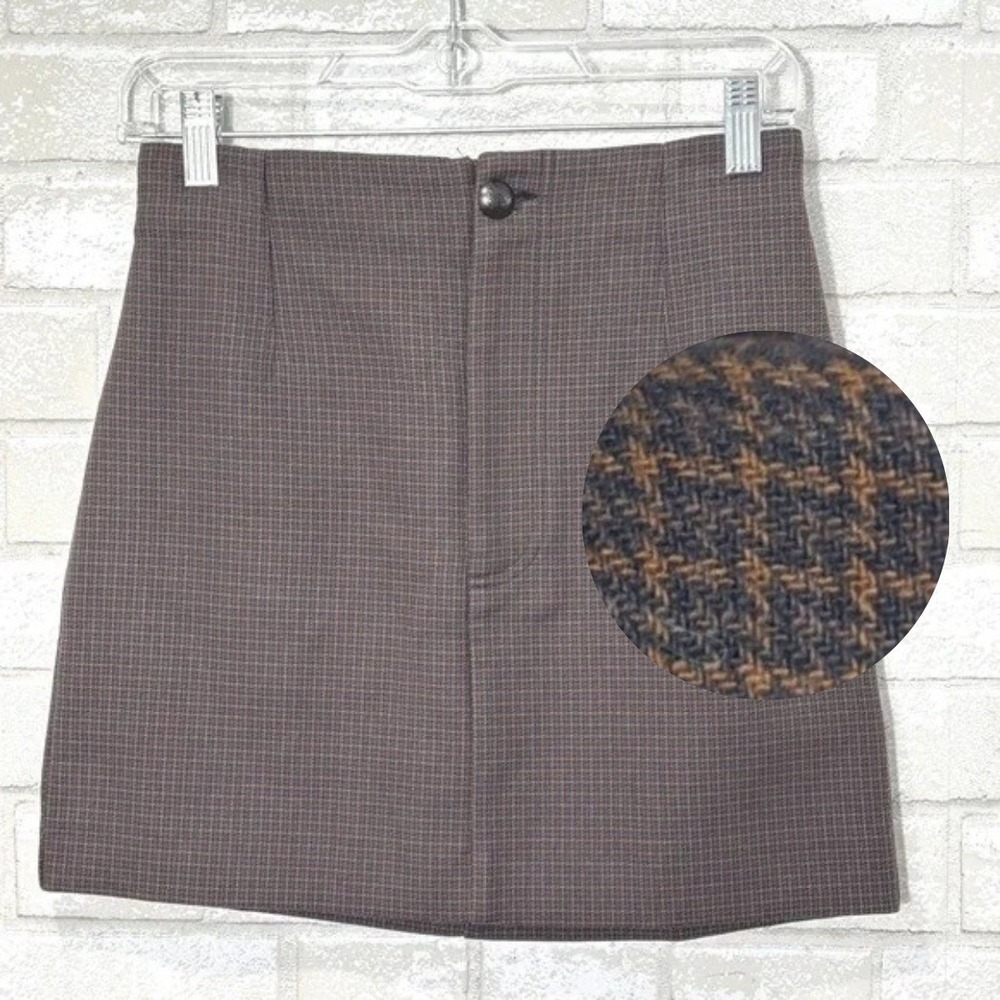 New Zara High Waist Mini Skirt‎ Size XS Brown Check Plaid Preppy Minimalist Y2K